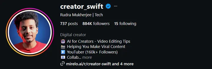 creator_swift Instagram profile: 884K followers, verified